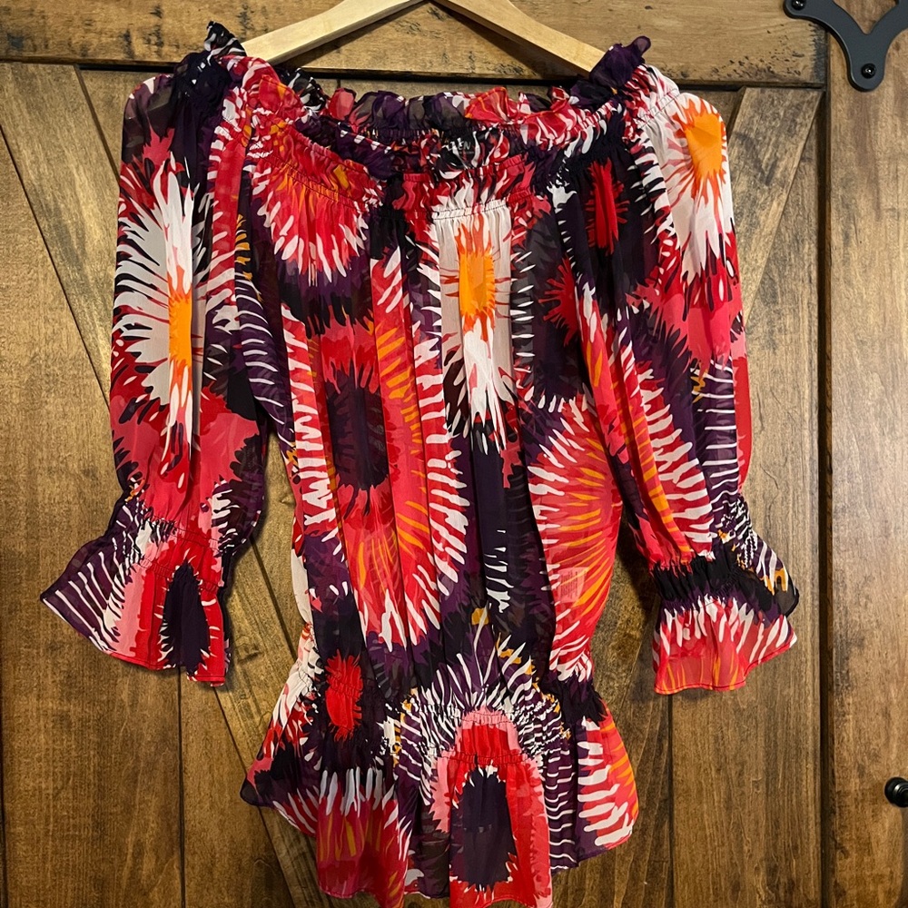Semi sheer off shoulder top….colors of red, orange,pink,purple,black,white